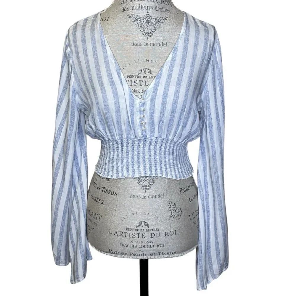 The Cove Long Flare Sleeve Striped Cropped Women's Top Blue White Small